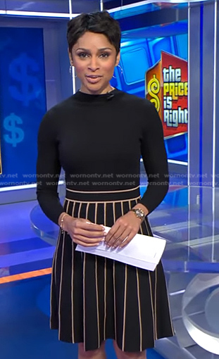 Jericka's black contrast trim knit dress on CBS Evening News