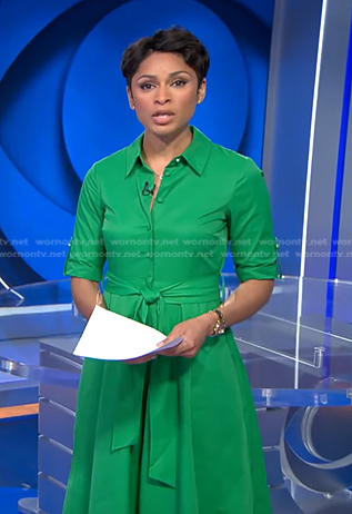Jericka's green tie waist shirtdress on CBS Evening News