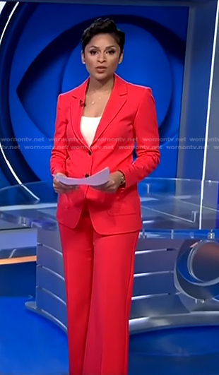 Jericka's red pant suit on CBS Evening News