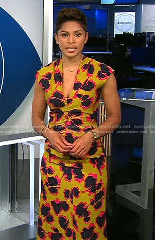 Jericka Duncan’s yellow abstract print dress on CBS Evening News