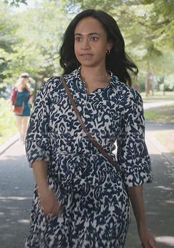 Jessica's white and blue printed midi dress on Manifest