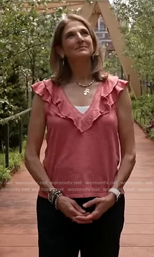 Jill Schlesinger's pink ruffled v-neck top on CBS Mornings