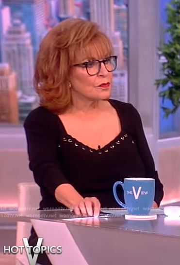 Joy’s black lace-up detail sweater on The View