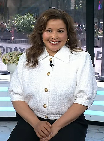 Justina Machado’s white elbow sleeve tweed jacket on Today