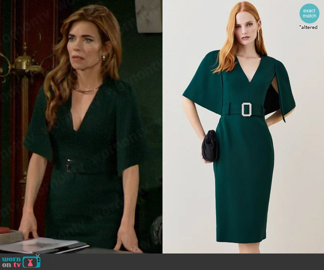 Karen Millen Compact Stretch Viscose Cape Pencil Midi Dress worn by Victoria Newman (Amelia Heinle) on The Young and the Restless