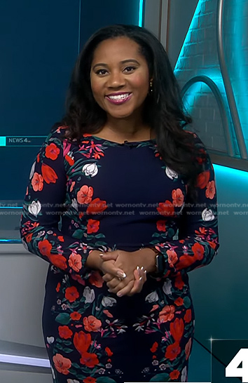 Kay Angrum’s navy floral sheath dress on NBC News Daily