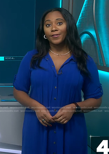 Kay Angrum’s blue roll up sleeve dress on NBC News Daily