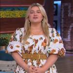 Kelly’s white floral print lace inset dress on The Kelly Clarkson Show