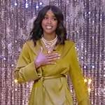 Kelly Rowland’s yellow wrap jacket and pants on Tamron Hall Show