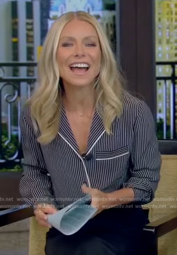Kelly's black stripe pajama style blouse on Live with Kelly and Mark