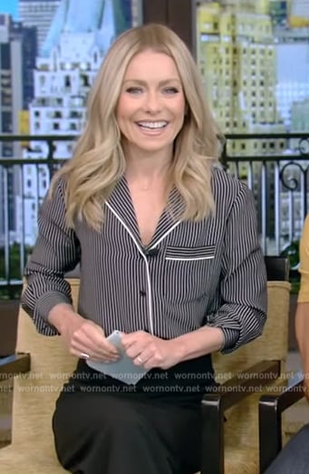 Kelly’s black stripe pajama style blouse on Live with Kelly and Mark