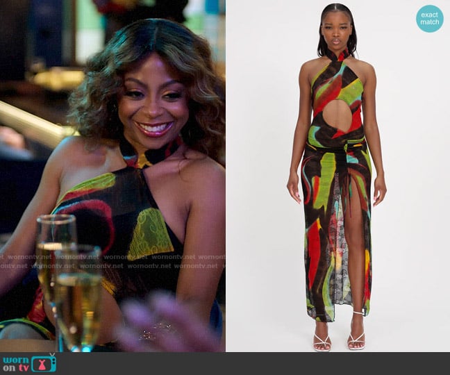 Kim Shui Green Swirl Cut out Qi Pao-Full Length worn by Renee Ross (Bresha Webb) on Run the World