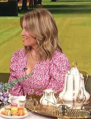 Kit’s pink floral print ruched dress on Access Hollywood