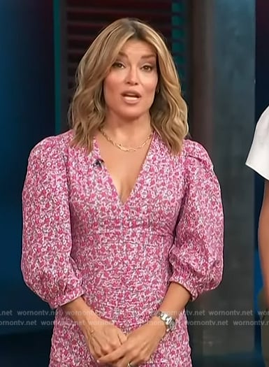 Kit’s pink floral print ruched dress on Access Hollywood