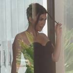 Kourtney’s navy pinstripe strapless dress on The Kardashians