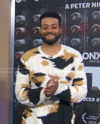 Kris Bowers’s print distressed knit sweater on Good Morning America