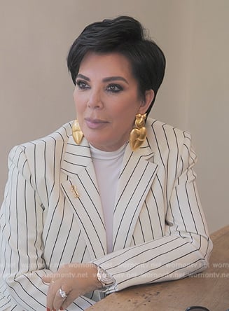 Kris's white stripe blazer and pants on The Kardashians