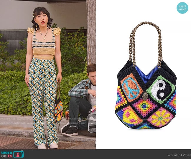 Kurt Geiger London Kensington Crocheted Hobo Tote Bag worn by Eleanor Wong (Ramona Young) on Never Have I Ever