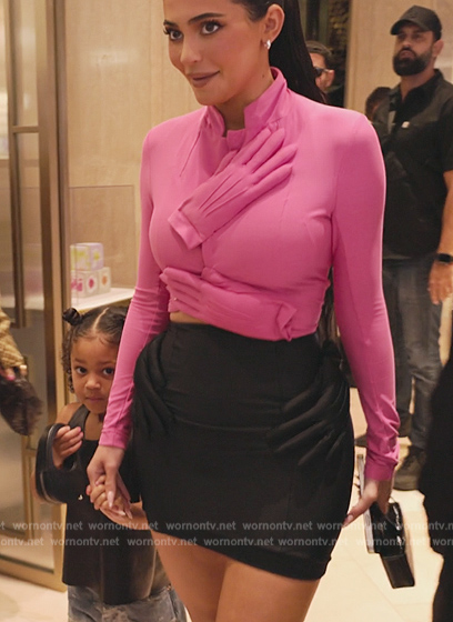 Kylie's pink 3D glove top and skirt on The Kardashians