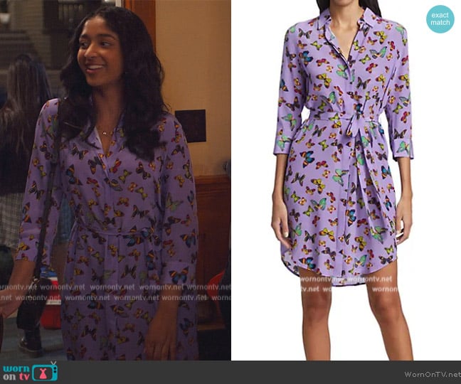 L'Agence Addison Butterfly-Print Shirtdress worn by Devi Vishwakumar (Maitreyi Ramakrishnan) on Never Have I Ever