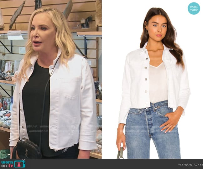 Janelle Slim Cropped Jean Jacket with Raw Hem by L'Agence worn by Shannon Beador on The Real Housewives of Orange County