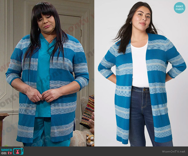 Lane Bryant Classic 3/4-Sleeve Open-Front Duster in Spacedye Stripe worn by Whitley (Kim Coles) on Days of our Lives