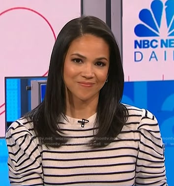 Laura Jarrett's white striped ruched sleeve top on NBC News Daily