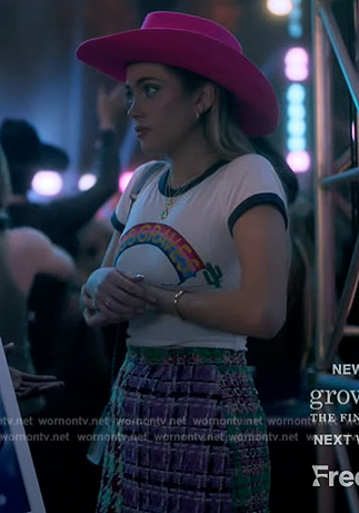 Lauryn's rainbow print tee and mini skirt on Grown-ish