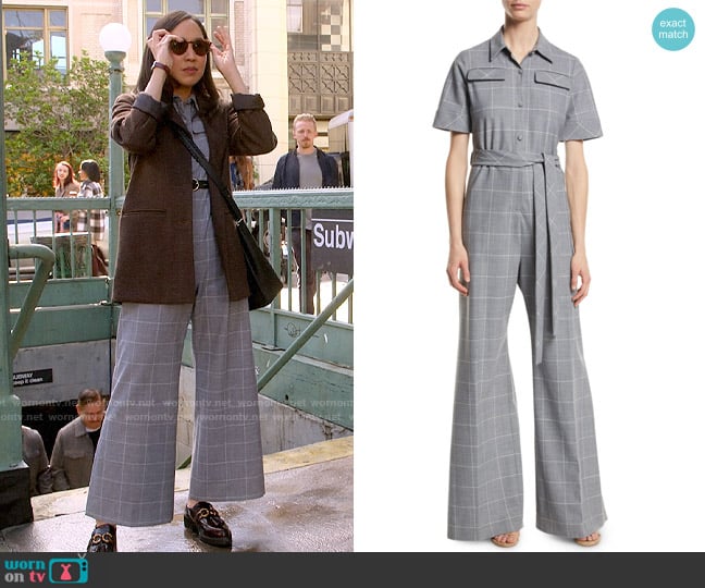 Lela Rose Short-Sleeve Belted Windowpane Check Wide-Leg Wool-Blend Jumpsuit worn by Ellen (Tien Tran) on How I Met Your Father