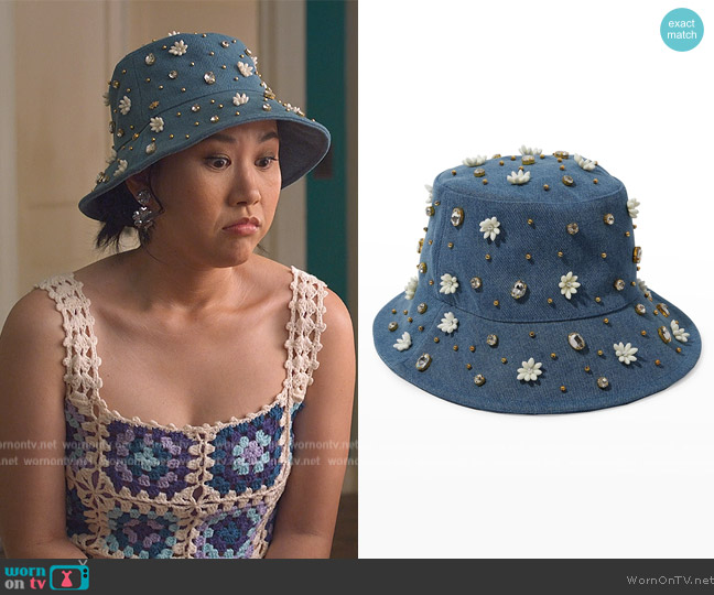 Lele Sadoughi Denim Petunia Stud Embellished Bucket Hat worn by Eleanor Wong (Ramona Young) on Never Have I Ever