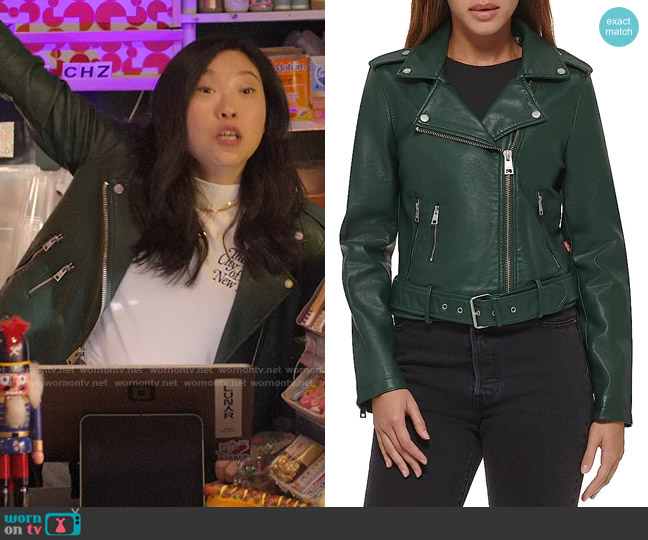 Nora’s dark green leather moto jacket on Awkwafina is Nora From Queens