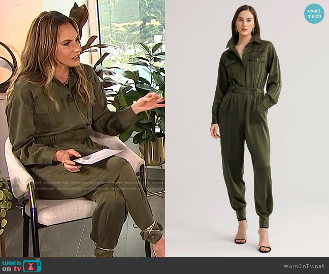 Lily Silk Sandwashed Safari Jumpsuit in Safari Green worn by Keltie Knight on E! News