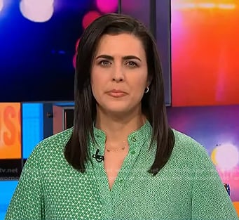 Lindsey Reiser’s green mixed print blouse on NBC News Daily