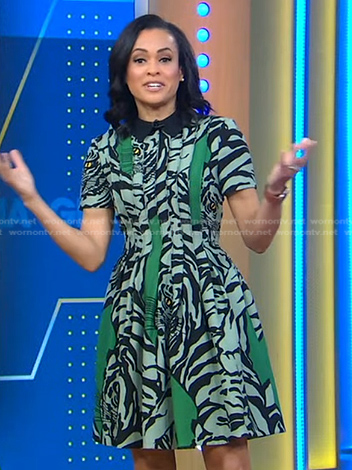 Linsey's green tiger print pleated dress on Good Morning America