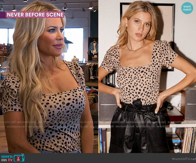 Lulus Oh Darling Black and Tan Dot Print Puff Sleeve Top worn by Jennifer Pedranti on The Real Housewives of Orange County