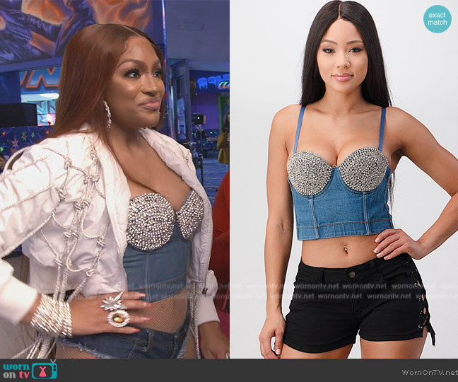 Lydia USA Rhinestone Embellished Denim Corset Top worn by Drew Sidora on The Real Housewives of Atlanta