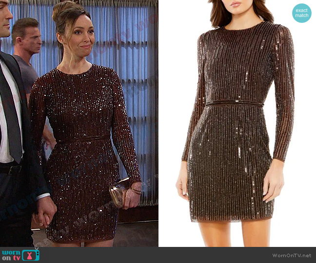 Mac Duggal Sequin Long Sleeve Cocktail Minidress worn by Gwen Rizczech (Emily O'Brien) on Days of our Lives