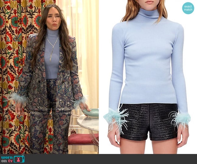 Maje Manuplume Feather Trim Sweater worn by Tinsley (Patty Guggenheim) on iCarly