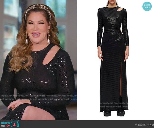 Maje Rilexis Cut-Out Sequin Maxi Dress worn by Emily Simpson on The Real Housewives of Orange County