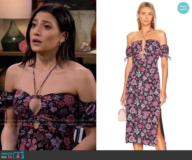 Majorelle Olivia Midi Dress in Dancing Valley Black worn by Hannah (Ashley Reyes) on How I Met Your Father