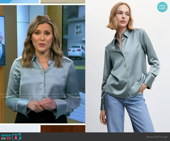 Mango Satin Buttoned Shirt in Aqua Green worn by Erin McLaughlin on Today