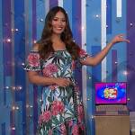 Manuela’s tropical print off-shoulder maxi dress on The Price is Right