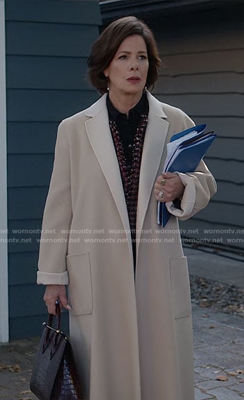 Margaret’s two-tone beige coat on So Help Me Todd