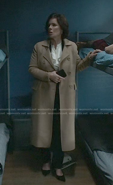 Margaret's camel wool coat on So Help Me Todd