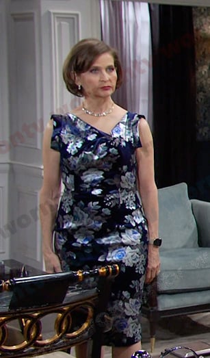 Megan's blue floral cowl neck dress on Days of our Lives