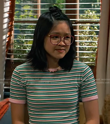 Megan's pink and green striped tee on Bunkd