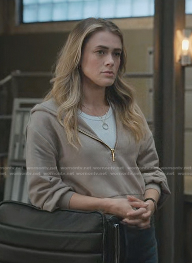 Michaela's beige half-zip cropped hoodie on Manifest