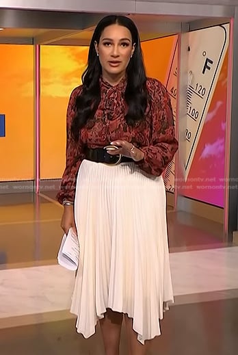 Morgan's pink floral blouse and white pleated skirt on NBC News Daily