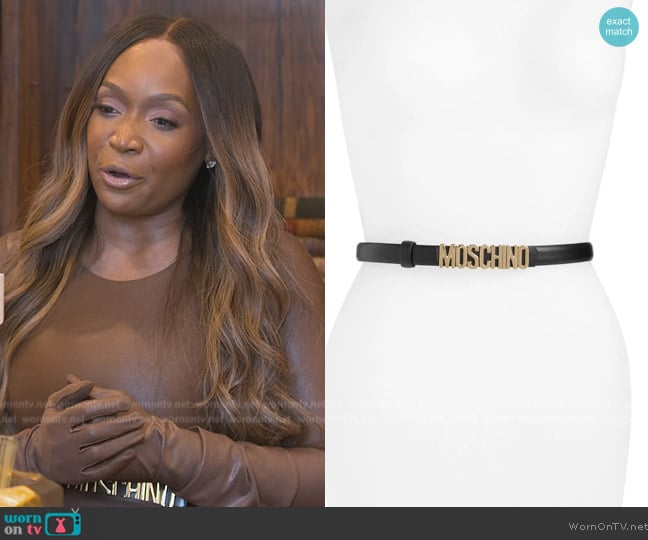 Moschino Logo Skinny Leather Belt worn by Marlo Hampton on The Real Housewives of Atlanta