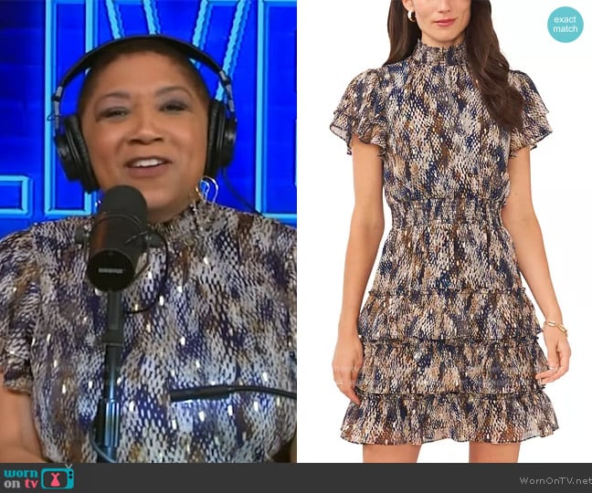 MSK Smocked Tiered Flutter-Sleeve Mock-Neck Dress worn by Deja Vu on Live with Kelly and Mark